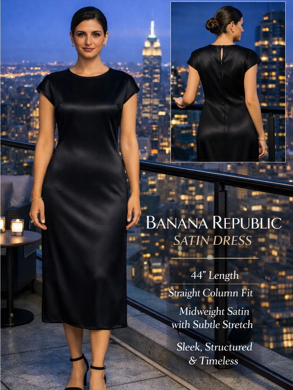 Banana Republic Black Satin Midi Dress — Cap Sleeve Column Silhouette